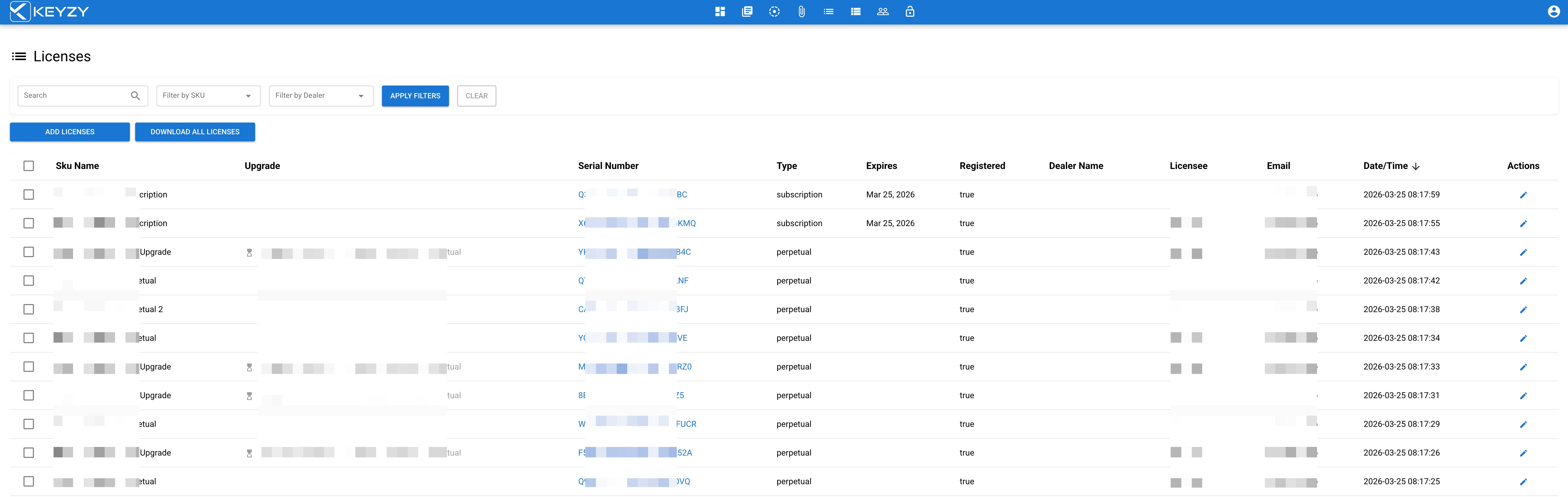 KEYZY licenses section